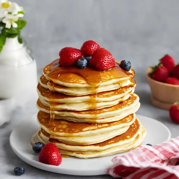 Fluffy American-style pancakes stacked on a plate with syrup and berries