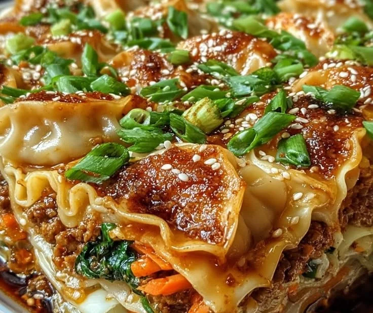 A delicious serving of Asian Dumpling Lasagna featuring dumplings and vibrant vegetables