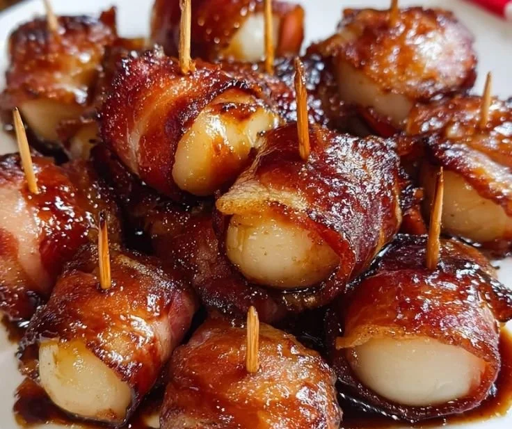 Bacon wrapped water chestnuts served on a platter