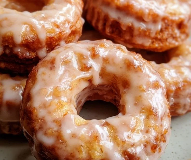 Baked apple donuts topped with a sweet glaze on a rustic wooden table