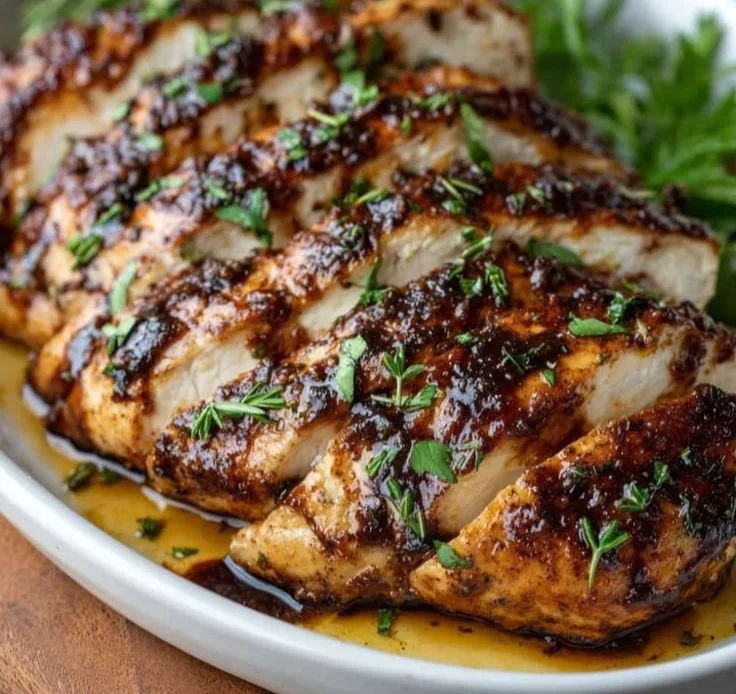 Juicy balsamic baked chicken breast garnished with herbs on a plate