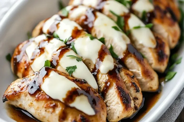 Balsamic baked chicken breast with mozzarella cheese on a plate