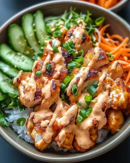 Delicious Bang Bang Chicken Bowl garnished with fresh vegetables and sauce
