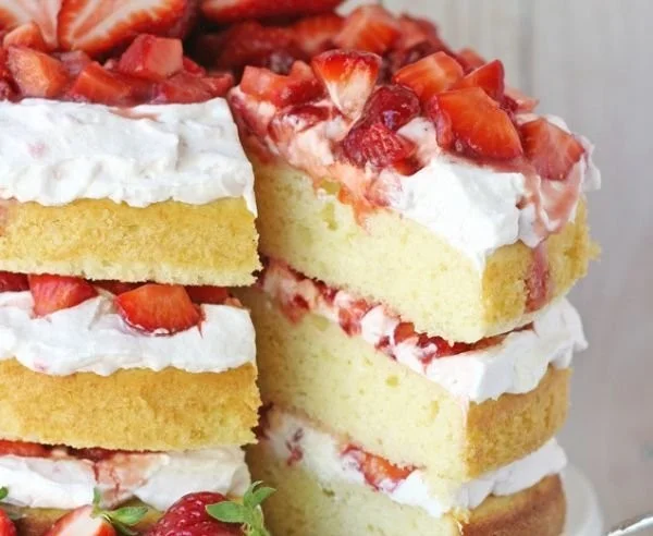 Slice of the best strawberry shortcake with fresh strawberries and whipped cream