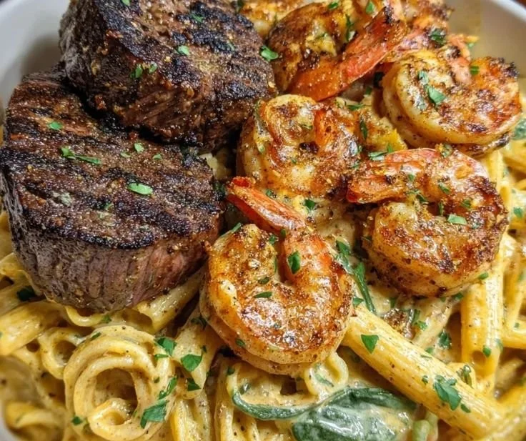 Blackened steak shrimp alfredo served in a creamy sauce with herbs.