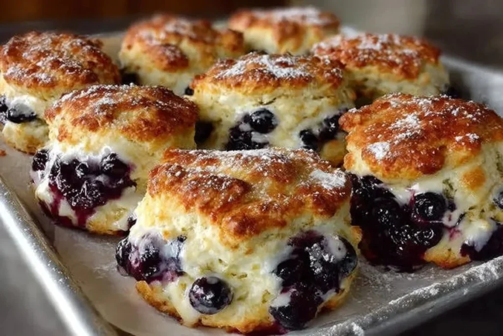 Freshly baked blueberry biscuits on a plate with blueberries and a cup of tea.