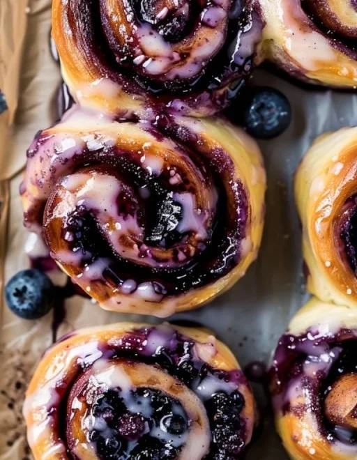 Freshly baked Blueberry Cinnamon Rolls drizzled with icing on a plate.