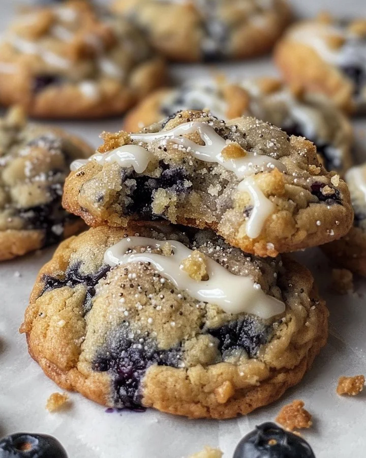 Blueberry muffin cookies with streusel topping on a cooling rack