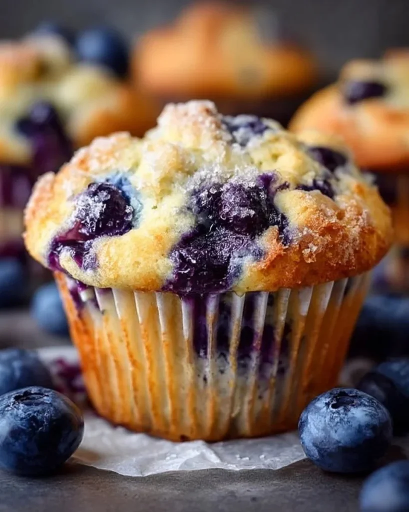 Freshly baked blueberry muffins on a wooden table