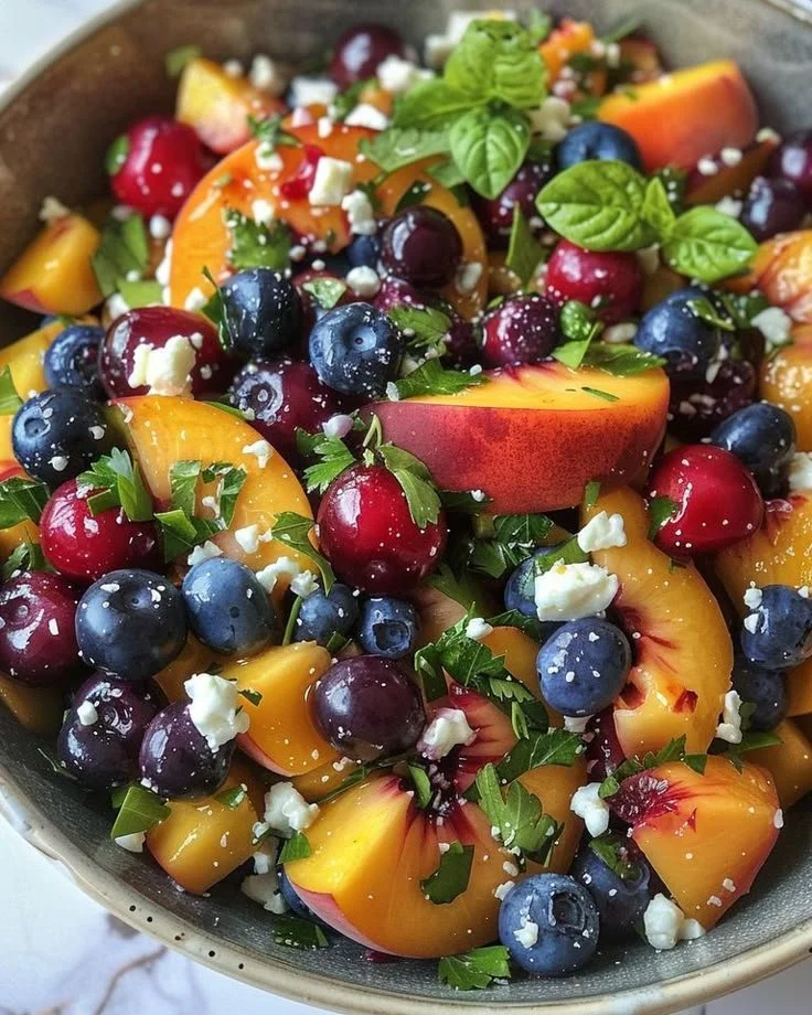 Blueberry Peach Feta Salad with fresh ingredients in a bowl