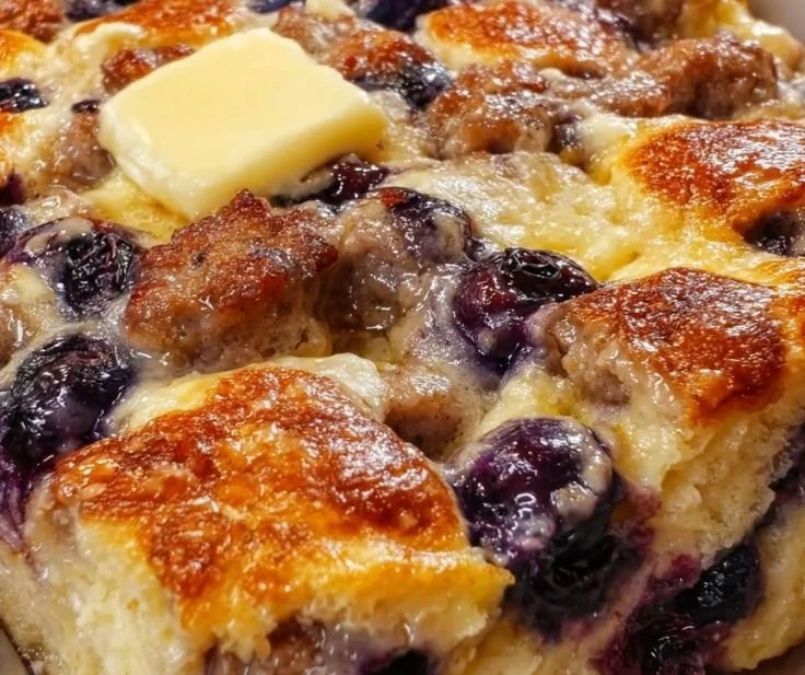 Blueberry sausage pancake casserole baked dish ready for serving