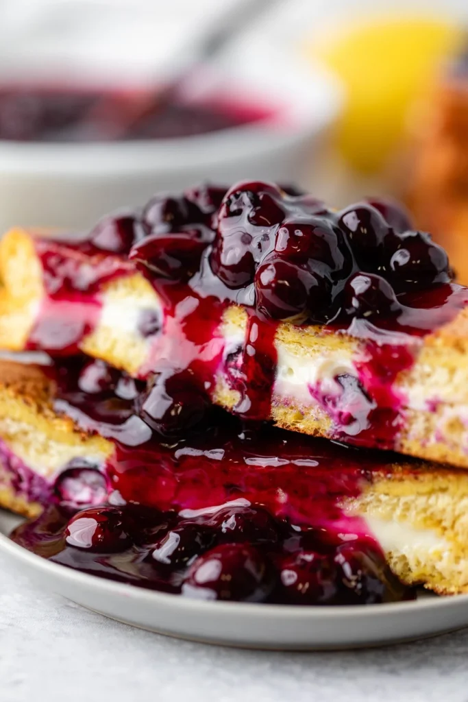 Delicious blueberry stuffed French toast on a plate with syrup and fresh berries