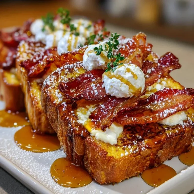 Delicious Bourbon Maple Bacon French Toast topped with syrup and crispy bacon.