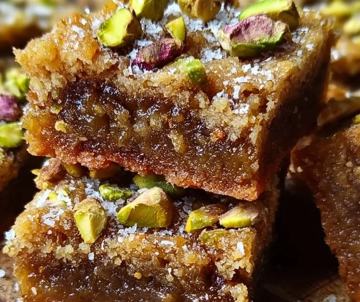 Delicious Brown Butter Honey Pistachio Bars served on a wooden board.