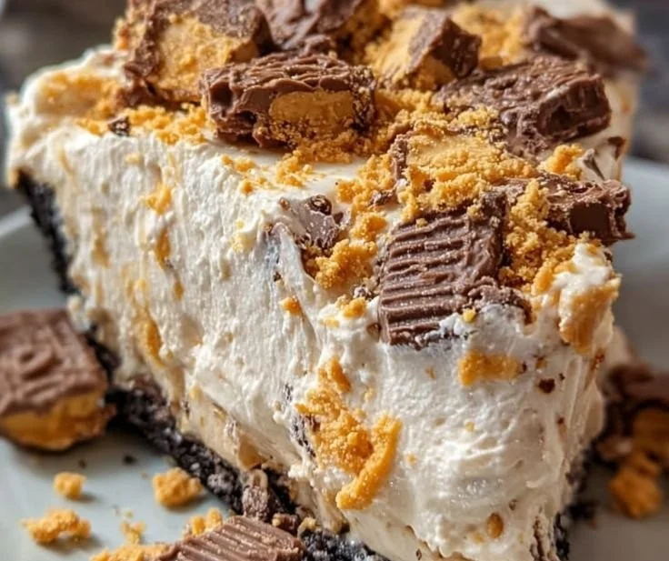 Creamy Butterfinger Peanut Butter Pie with crunchy Butterfinger toppings
