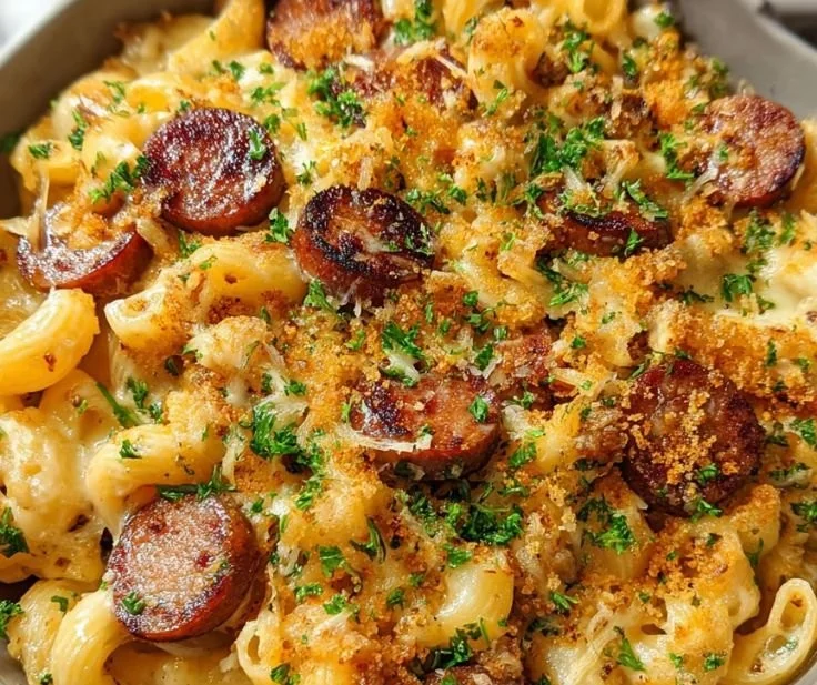Delicious Cajun Mac & Cheese topped with Andouille sausage and spices.