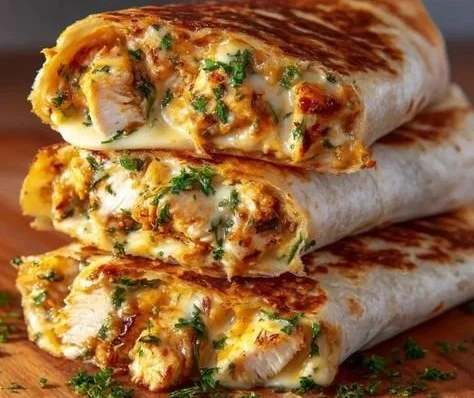 Cheesy garlic chicken wraps garnished with fresh herbs on a plate