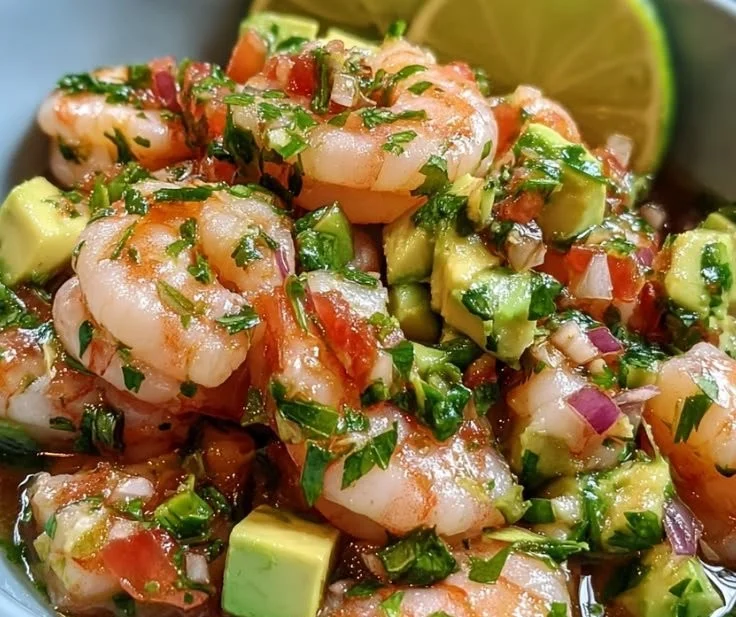 Bowl of Chili Lime Shrimp Ceviche garnished with lime and cilantro