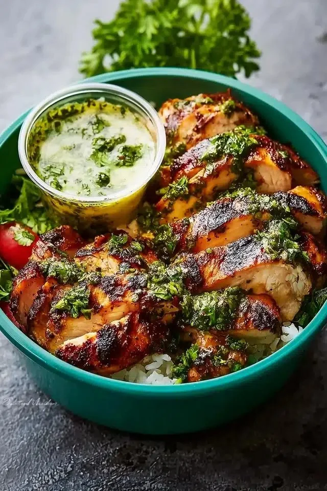 Chimichurri Chicken Bowls topped with garlic sauce and fresh herbs.