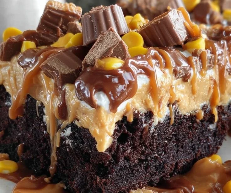 Chocolate Peanut Butter Poke Cake topped with chocolate ganache and peanut butter frosting.