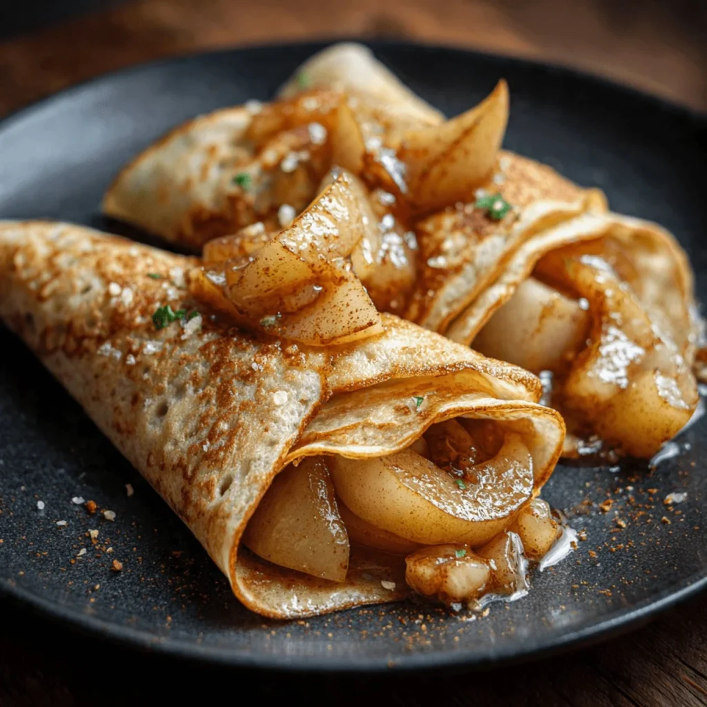 Delicious cinnamon crepes served with caramelized pears on a plate