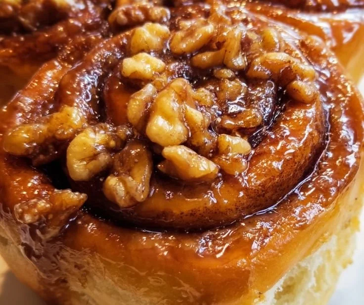 Freshly baked cinnamon maple walnut sticky buns served on a plate