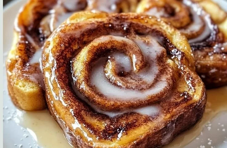 Cinnamon roll French toast served with syrup and berries