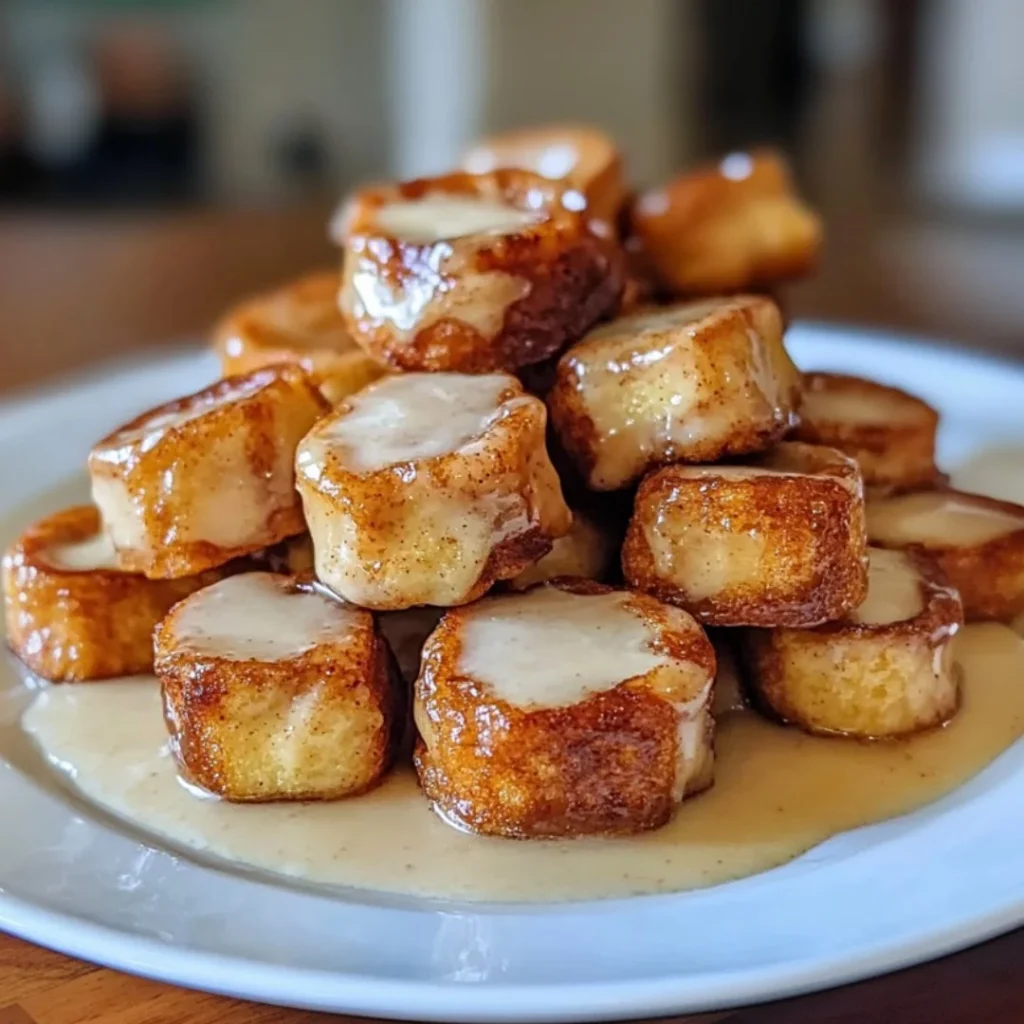 Delicious cinnamon roll french toast bites served with syrup and berries