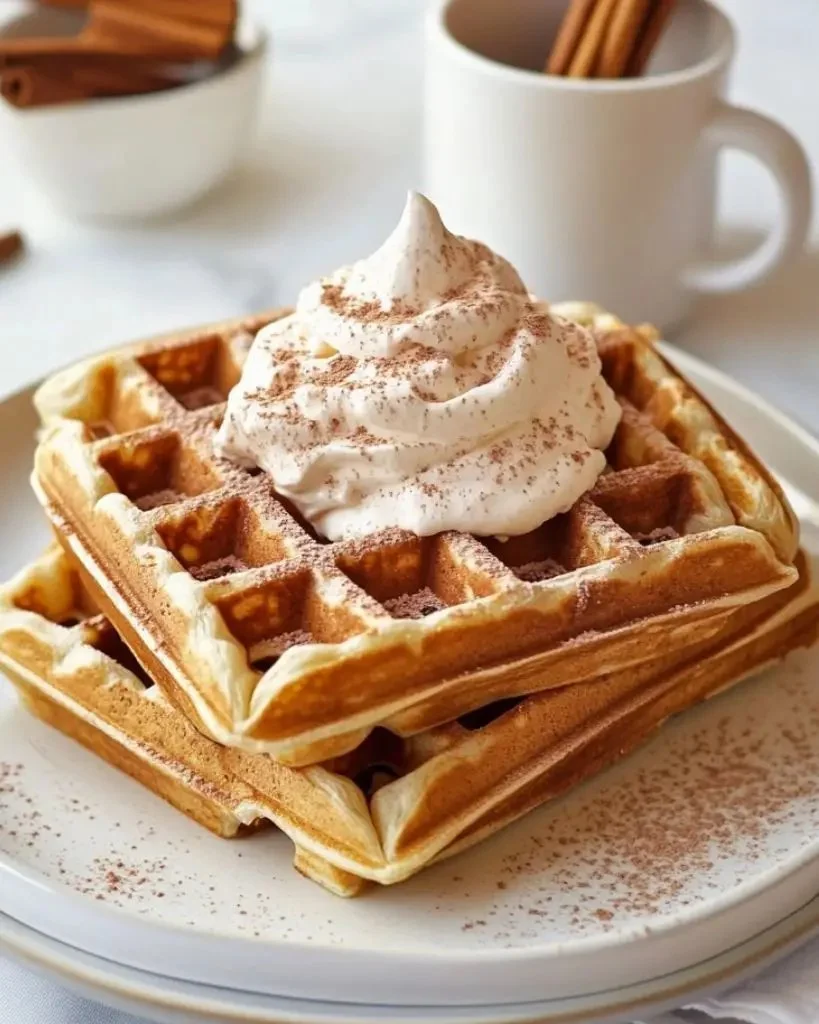 Delicious cinnamon waffles served with fluffy cinnamon whipped cream