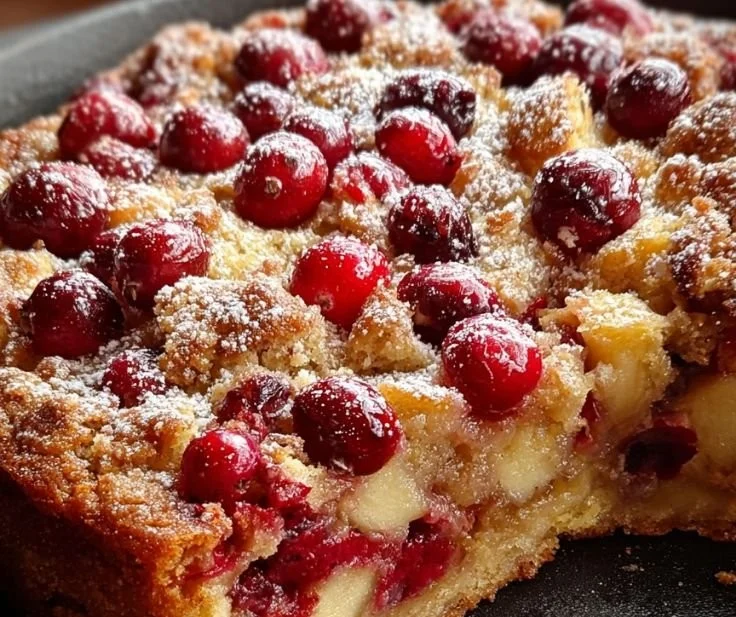 Cranberry Apple Skillet Cake fresh out of the skillet, topped with cranberries and apple slices.