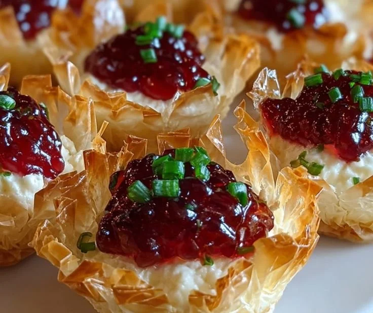 Cranberry hot pepper jelly cream cheese cups on a serving platter