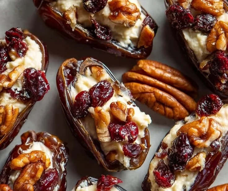 Cranberry pecan cream cheese stuffed dates served on a plate.