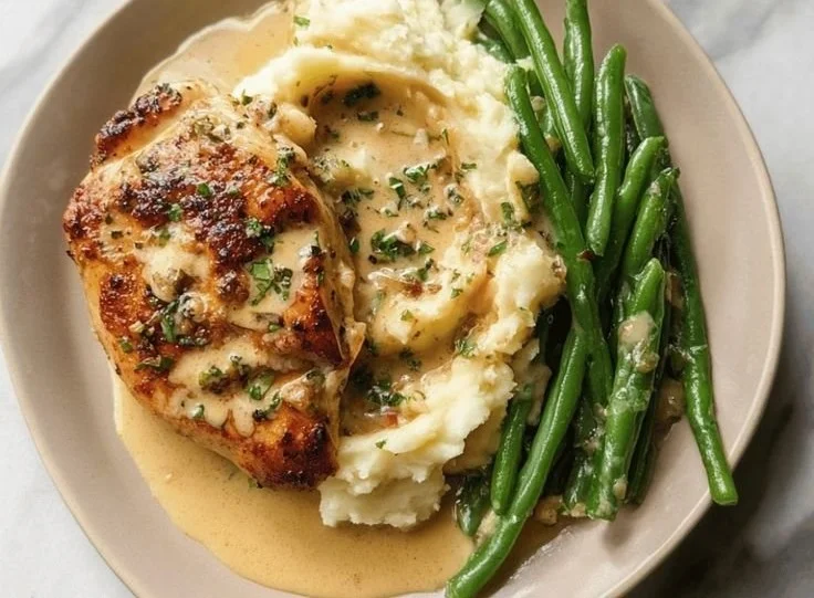 Creamy garlic parmesan chicken breast topped with herbs and spices
