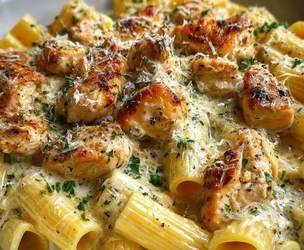 Delicious creamy garlic parmesan chicken pasta with herbs and cheese