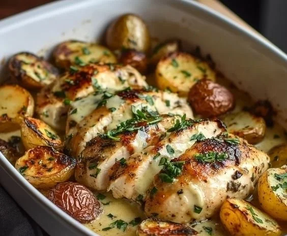 Creamy herb chicken dish garnished with fresh herbs on a plate