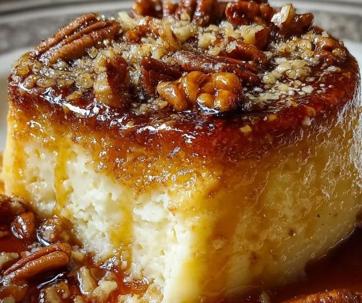 A slice of Crème Brûlée Caramel Pecan Cake on a plate, garnished with caramel drizzle.