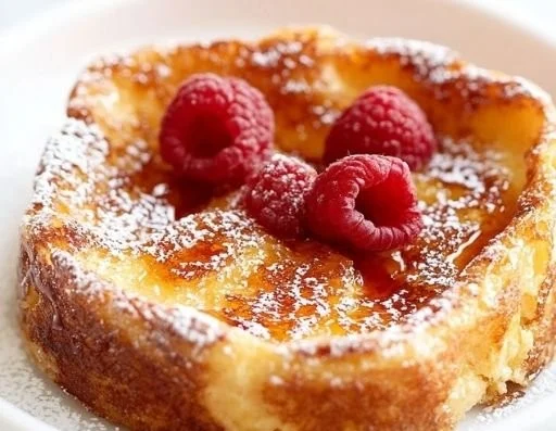 Delicious crème brûlée French toast served with caramelized sugar
