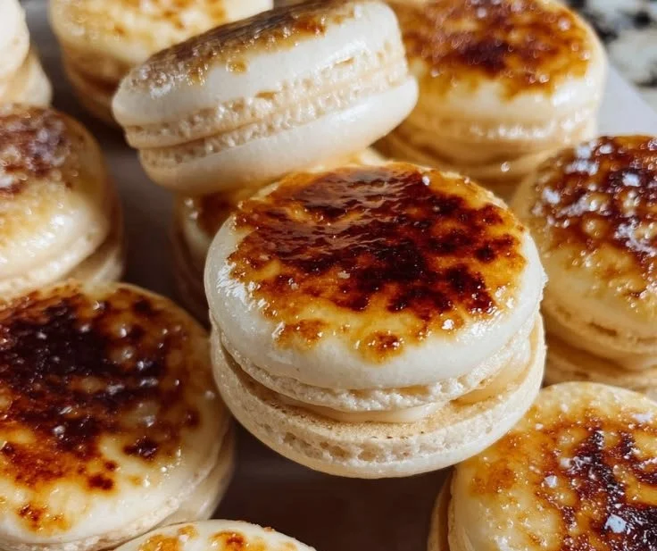 Crème Brûlée Macarons with caramelized sugar topping and creamy filling