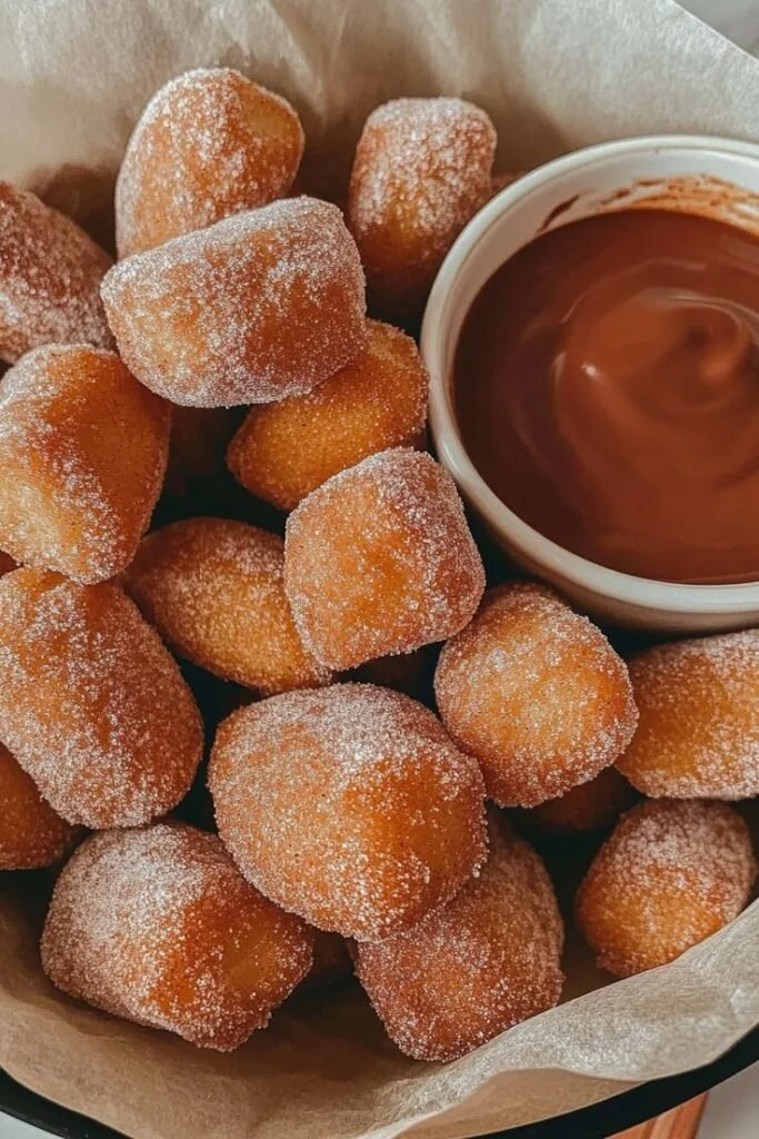 Crispy air fryer churro bites served on a plate with chocolate sauce