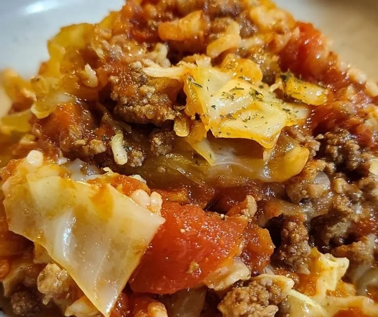 Crockpot Cabbage Roll Casserole with savory ingredients in a dish