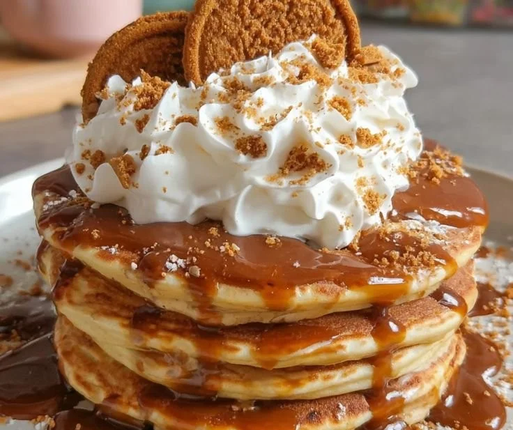 Decadent Biscoff Pancake Stack with caramel drizzle and Biscoff spread