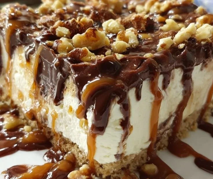 Delicious Drumstick Ice Cream Cake with layers of vanilla ice cream and chocolate drizzle