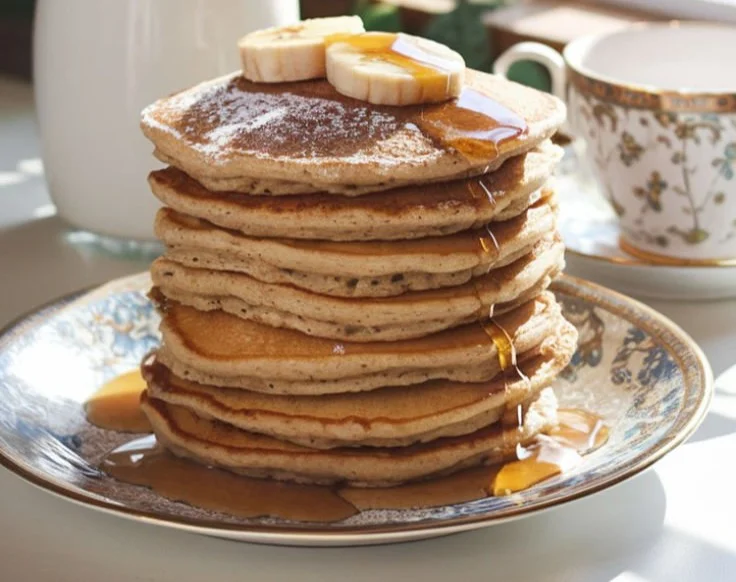 Easy banana and oats pancakes served on a plate with syrup and banana slices.