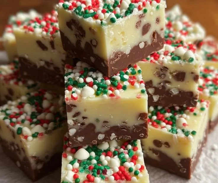 Delicious easy Christmas fudge topped with colorful sprinkles.
