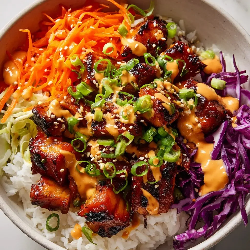 Delicious Korean BBQ chicken bowl with spicy gochujang cream sauce.