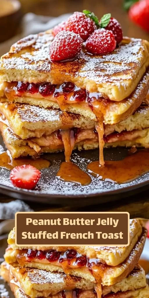 Delicious Peanut Butter & Jelly French Toast topped with berries and syrup
