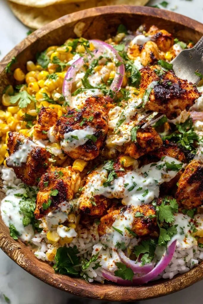 Delicious Easy Street Corn Chicken Bowl with toppings