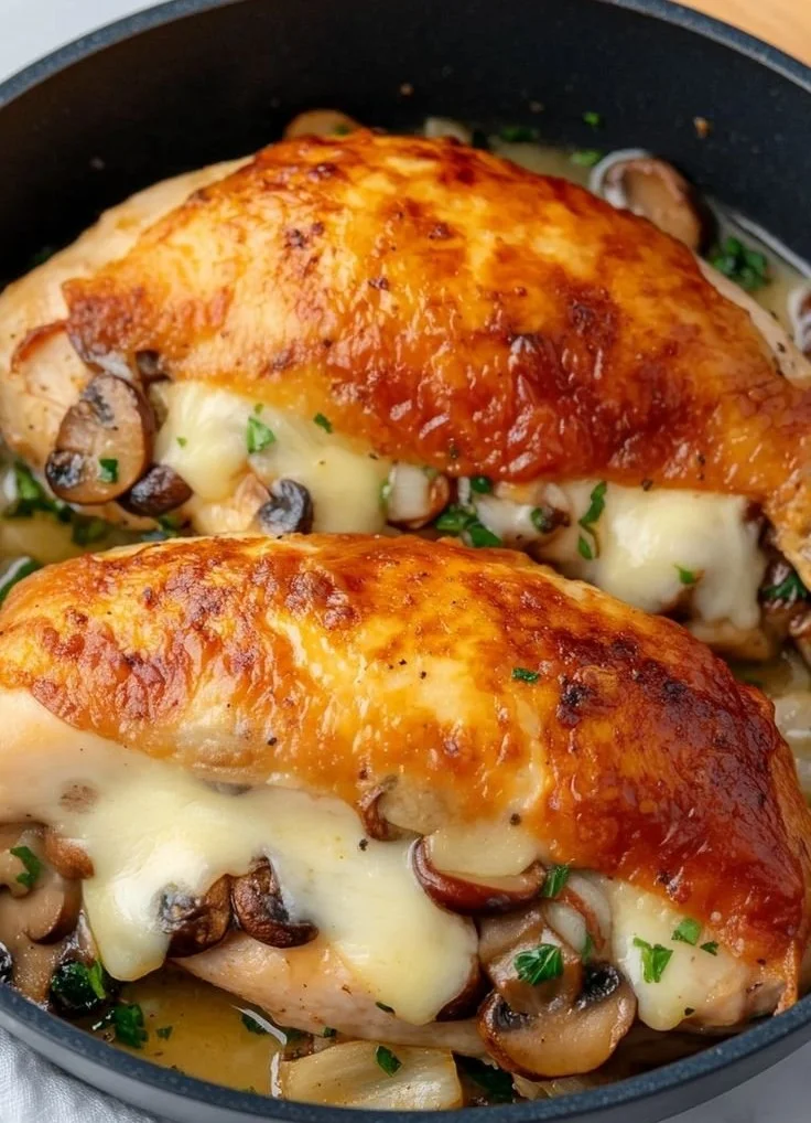 Flavorful mushroom stuffed chicken breast dish garnished with herbs
