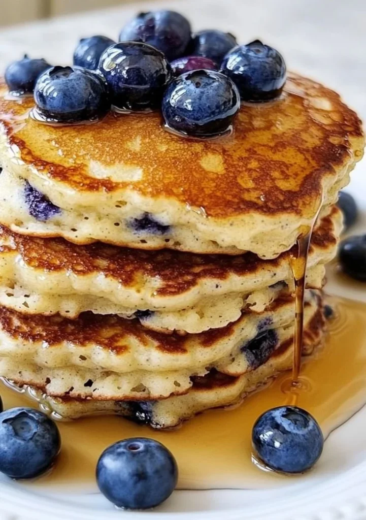 Fluffy blueberry pancakes stacked and topped with fresh blueberries and syrup