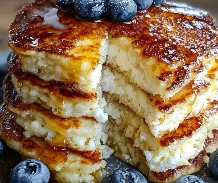 Delicious fluffy cottage cheese pancakes stacked on a plate